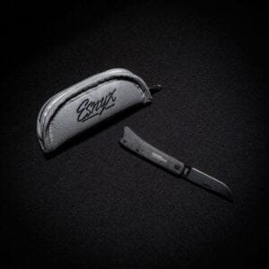 Esnyx BEER BUSTER JR. FRONT FLIPPER M390 Black PVD Finish Blade, Black Micarta Handle with Blasted Titanium Bottle Inlay