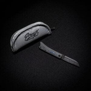 Esnyx BEER BUSTER JR. FRONT FLIPPER Damasteel Etched Finish, Black PVD Titanium, Black Micarta Handles