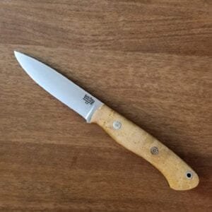 Bark River Aurora Natural Curly Maple With Yellow Liner Mosaic knives for sale