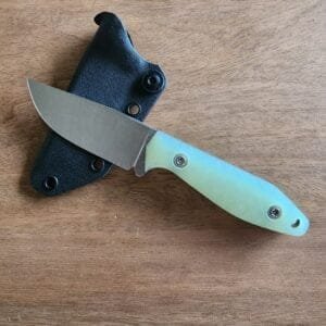 Terra Knives Hiker Drop-point, magnacut 64hrc with jade/natural g10 handles, kydex sheath, and tek-lok  belt attachment knives for sale