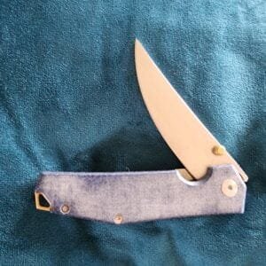 Giant Mouse ACE Denim Micarta Clyde with Brass Backspacer Discounted "Rescue Mouse" knives for sale