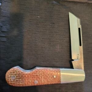K'Roo Custom Easy Open Sheep Foot in Brown Burlap Micarta Created by W. O'Kelly (very gently used)