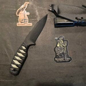 Revenant Corps G10 Drop Point Recurve DPR Black on Black w/ Belt Clip Sheath and White Stingray