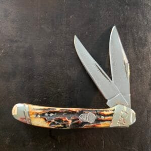 Rough Ryder Cinnamon Bone Stag Knife-Damascus Steel Blades - RR2161